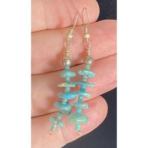 Vintage Sterling Silver Turquoise Nugget Earrings Hook Dangle Fine Pierced